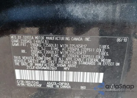 2010 Toyota Rav4 z USA, uszkodzony, nr VIN 2T3JF4DV0AW062849